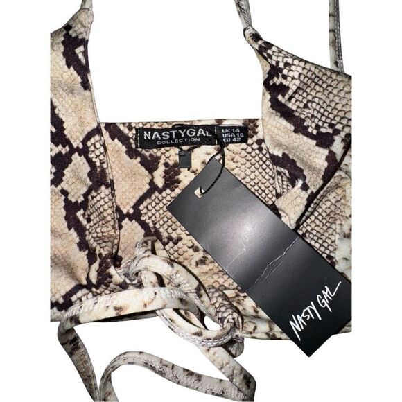 NWT Nasty Gal Neutral Snake Print Cutout String Bikini Top - Picture 2 of 6